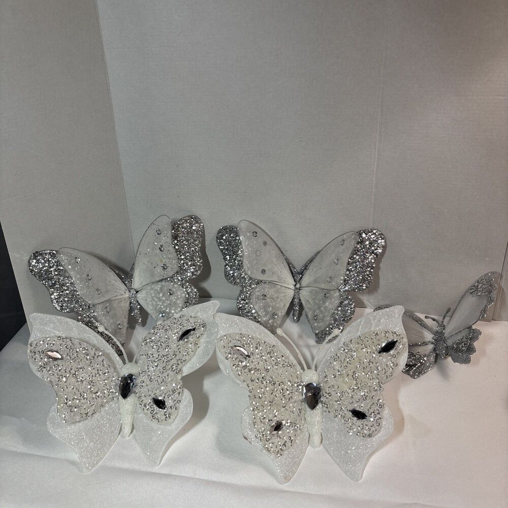 Holiday Time Silver White Glitter Sequin Butterfly Clip On Christmas Ornaments 5